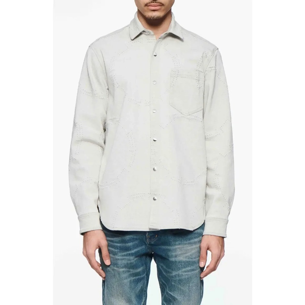 Purple Brand Openwork Snap-Up Denim Western Gray Shirt Size M